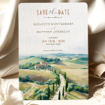 Tuscan Elegance Save the Date Italienisches Landsc Einladung<br><div class="desc">Diese "Save the Date" Karte bietet einen malerischen Einblick in Ihre bevorstehende Hochzeit in den sanften Hügeln der Toskana, Italien. Die Vorderseite besticht durch eine zarte Aquarelllandschaft, die das Wesen der toskanischen Landschaft mit ihren historischen Villen, Feldern und prächtigen Zypressen an einem gewundenen Weg einnimmt. In einer Palette von Oliven-Grün,...</div>