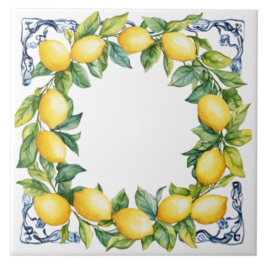 Tuscan Rustic Mediterranean Yellow Lemon Wreath Fliese (Vorderseite)