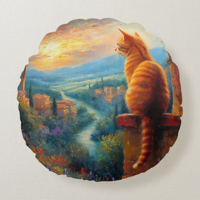 Tuscan Sunset with a Ginger Cat Rundes Kissen (Vorderseite)