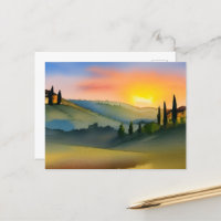 Tuscany Hills Landschaftliche Wasserfarbe Postkart