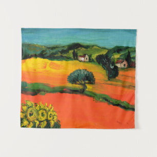 TUSCANY LANDSCAPE WITH SUNFLOWERS IN RED ORANGE WANDTEPPICH