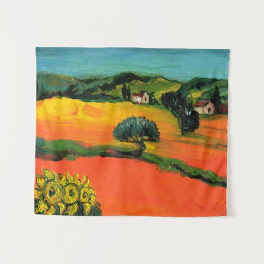 TUSCANY LANDSCAPE WITH SUNFLOWERS IN RED ORANGE WANDTEPPICH (Vorderseite (Horizontal))