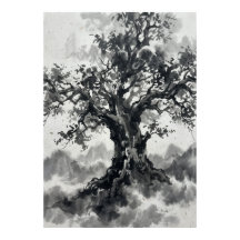 Tusche-Waschbaum-Plakat | Japanische Zen-Kunst | M
