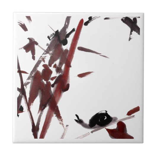 Tuschekunst mit Schnecke und Rotem Bambus Fliese (Vorderseite)