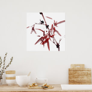 Tuschekunst mit Schnecke und Rotem Bambus Poster