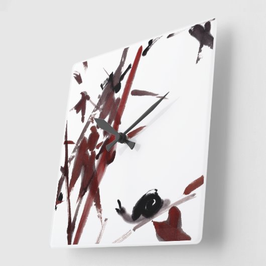 Tuschekunst mit Schnecke und Rotem Bambus Quadratische Wanduhr (Winkel)