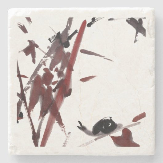 Tuschekunst mit Schnecke und Rotem Bambus Steinuntersetzer (Vorderseite)