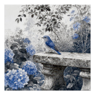 Tuschwaschblauvogel auf einer steinernen Gartenban Poster