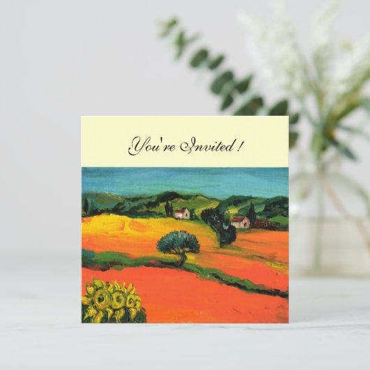 TUSKANISCHE LANDSCHAFT, blau-grün-gelb-orange Einladung (Stehend Vorderseite)