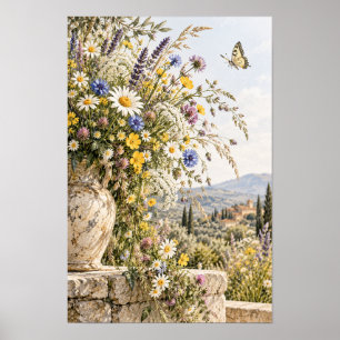 Tuskanischer Wildblumenvase-Schmetterling-Wandkuns Poster