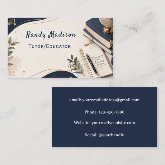 Tutor/Educator Navy Blue & White Business Card Visitenkarte (Vorne/Hinten)