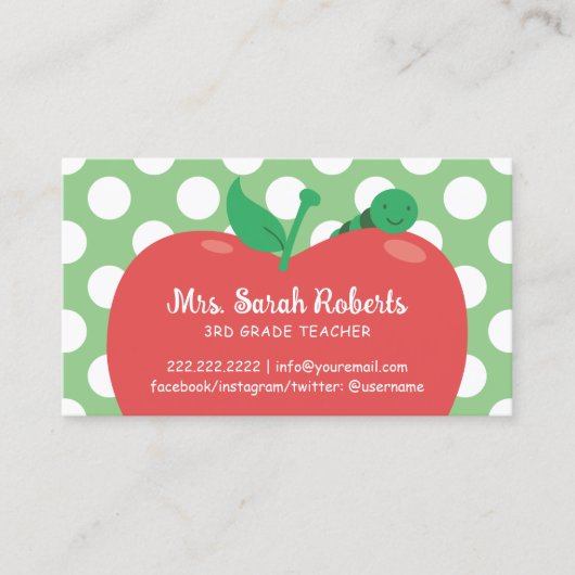 Tutor Niedlich Apple & Worm Polka Dots Green Visitenkarte (Vorderseite)