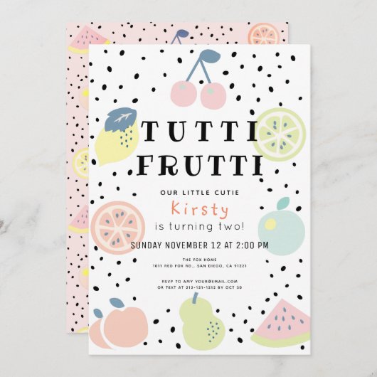 Tutti Frutti Pastel Frucht 2. Geburtstag Einladung (Vorne/Hinten)