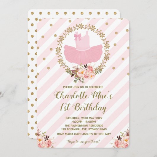 Tutu Ballerina Ballett Geburtstag Einladung Rosa & (Vorne/Hinten)