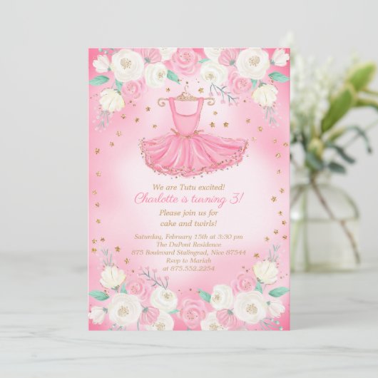 Tutu Ballerina Dress Glitzer Geburtstag Einladung (Stehend Vorderseite)