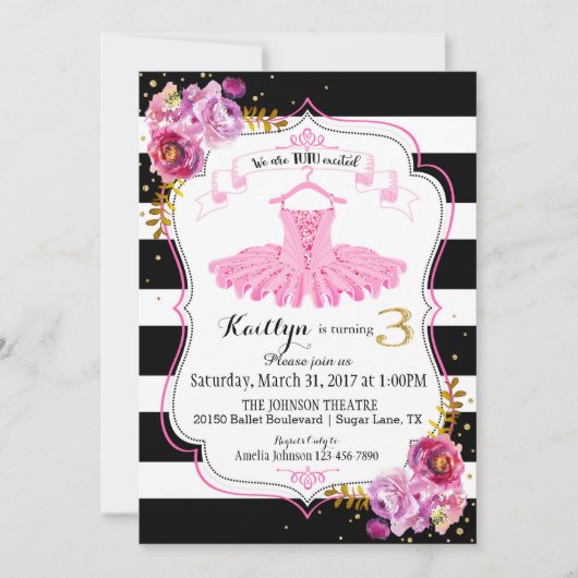 Tutu Ballerina Floral Sparkle Einladung (Vorderseite)