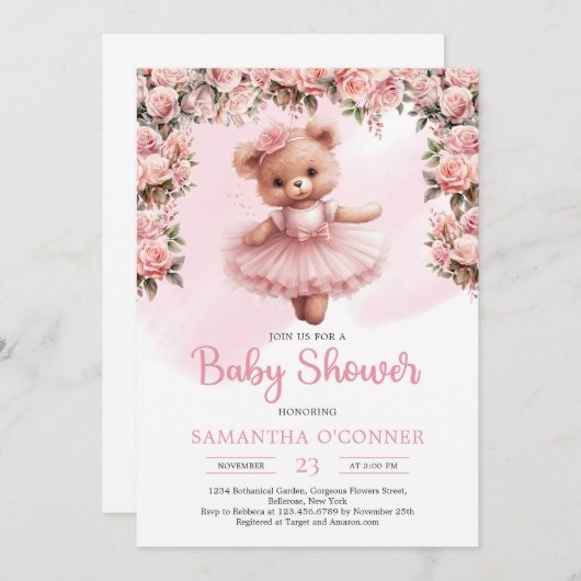 Tutu ballerina Mädchen Teddy Bär staubige rosa Ros Einladung