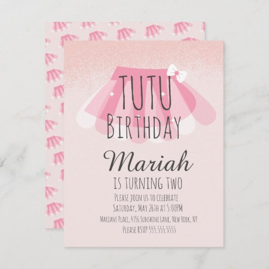 Tutu Girl's Birthday Pink Imitate Glitzer Einladung (Vorne/Hinten)