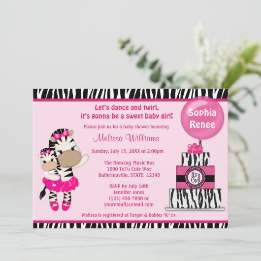 TuTu Niedlich Baby Shower Einladung ZEBRA GIRL Mom (Stehend Vorderseite)