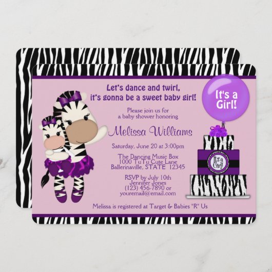 TuTu Niedlich Baby Shower ZEBRA Lavendel Lila 085 Einladung (Vorne/Hinten)