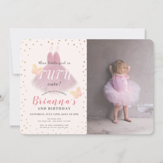 Tutu Niedlich Ballerina Pink & Gold Foto 2. Geburt Einladung (Vorderseite)