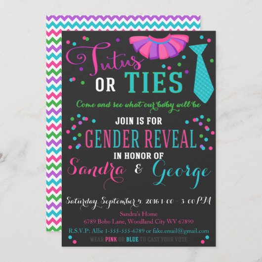 Tutus oder Krawatte Gender Reveal Chalkboard Boy o Einladung (Vorne/Hinten)