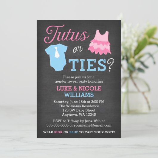 Tutus oder Krawatte Geschlecht Aufdecken Party Kin Einladung (Stehend Vorderseite)