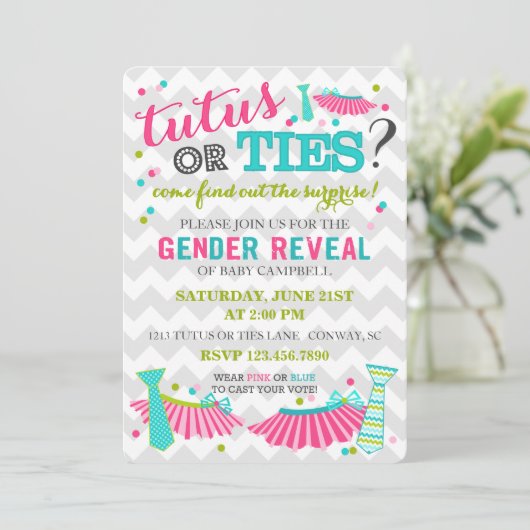 Tutus-oder Krawatten-Geschlecht decken Einladung (Stehend Vorderseite)