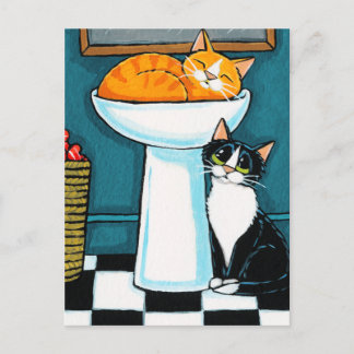 Tux und Tabby Katzen im Bad Sink Illustration Postkarte