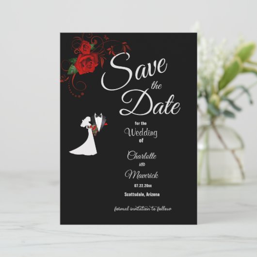 Tuxedo Anzug & Bride Silhouette Rote Rosen Hochzei Save The Date (Stehend Vorderseite)