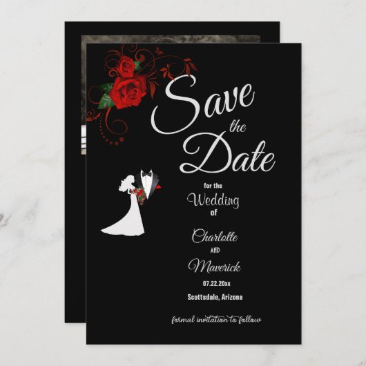 Tuxedo Anzug & Bride Silhouette Rote Rosen Hochzei Save The Date (Vorne/Hinten)