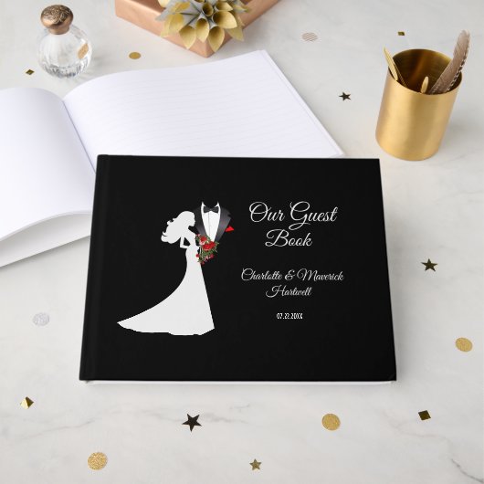 Tuxedo Anzug & Bride Silhouette Wedding Gästebuch (Vorderseite Offen)