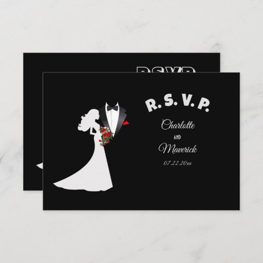 Tuxedo Anzug & Bride Silhouette Wedding RSVP Karte (Vorne/Hinten)