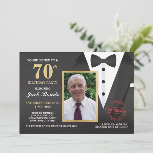 Tuxedo Ball Invite Foto Agent Birthday Bowtie Einladung (Stehend Vorderseite)
