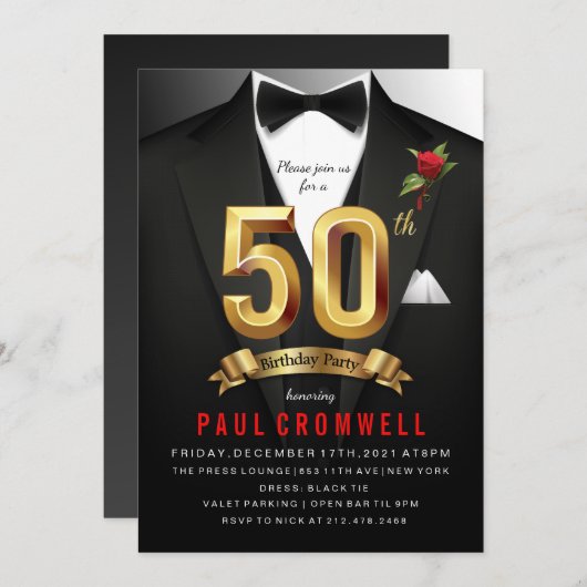 Tuxedo Birthday Einladung (Vorne/Hinten)