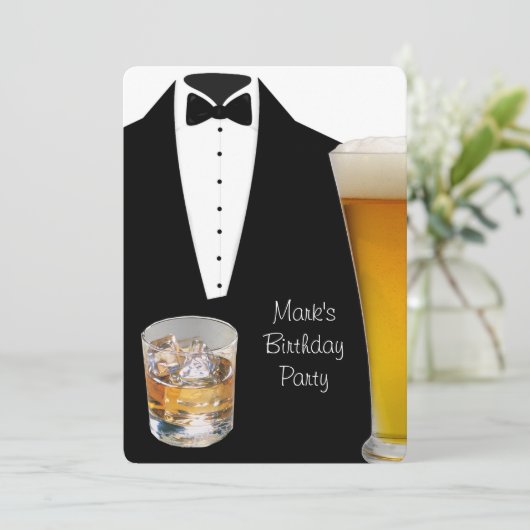 Tuxedo Birthday Party Beer Scotch Einladung (Stehend Vorderseite)