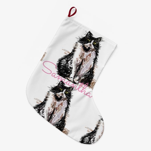 Tuxedo Black and White Cat Katzen Weihnachtszeit S Großer Weihnachtsstrumpf (Vorderansicht (hängend))