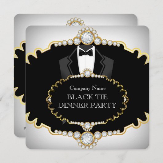Tuxedo Black Krawatte Dinner Party Weißes Gold Einladung (Vorne/Hinten)