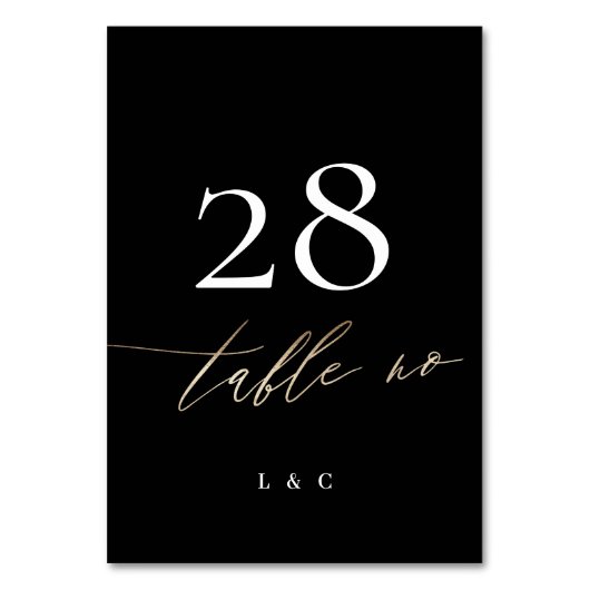 Tuxedo Black Yellow Gold Calligraphy Mod Wedding Tischnummer (Rückseite)