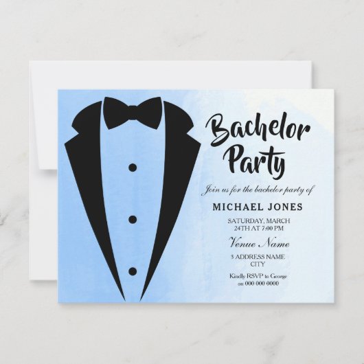 Tuxedo Blue Bow Krawatte Bachelor Party Einladung (Vorderseite)