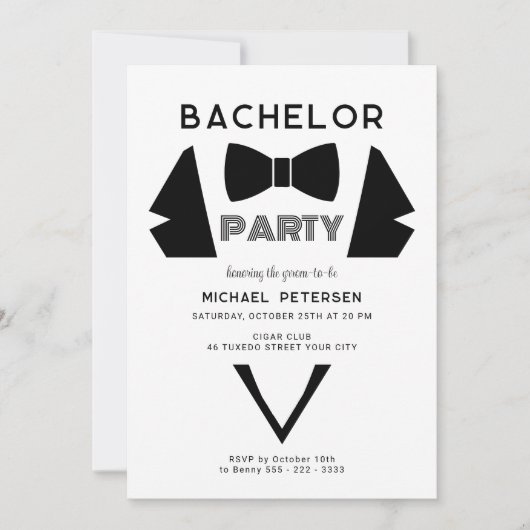 Tuxedo Bogen Krawatte Moderne Bachelor Party Einladung (Vorderseite)