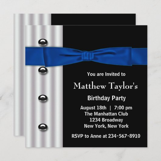 Tuxedo Bow Krawatte Mens Blue Black Birthday Party Einladung (Vorne/Hinten)