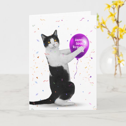 Tuxedo Cat 50th Birthday Balloon Card Karte (Gelbe Blume)