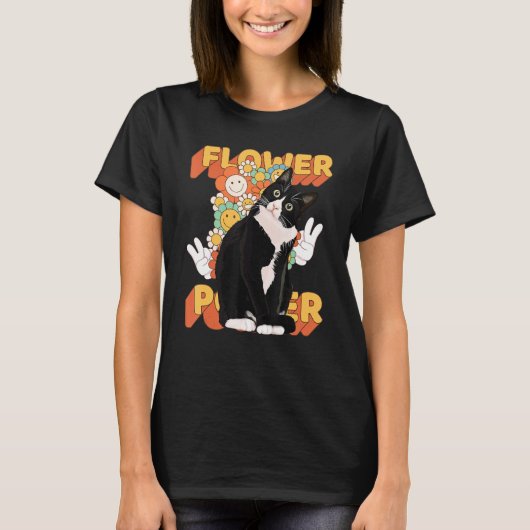 Tuxedo Cat 60er 70er Blume Blumenfriedenszeichen T-Shirt (Vorderseite)