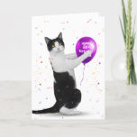 Tuxedo Cat 80th Birthday Balloon Card Karte<br><div class="desc">Schwarz-Weiß Katze mit lila Ballon und Konfetti auf weißem Hintergrund zum 80. Geburtstag. Die Farbe des weißen Hintergrunds kann geändert werden.</div>