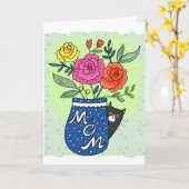 Tuxedo Cat and Flowers Custom Text Mother's Day Karte (Gelbe Blume)