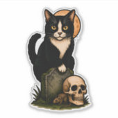 Tuxedo Cat and Skull – Cute Gothic Graveyard Desig Aufkleber (Vorderseite)