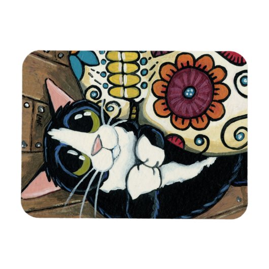 Tuxedo Cat and Sugar Skull Illustration Magnet (Horizontal)