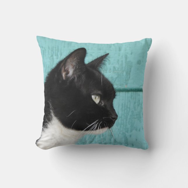 Tuxedo Cat Aquamarin Blue Background Kissen (Vorderseite)