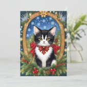 Tuxedo Cat Art Nouveau Vintage Feiertagskarte (Stehend Vorderseite)